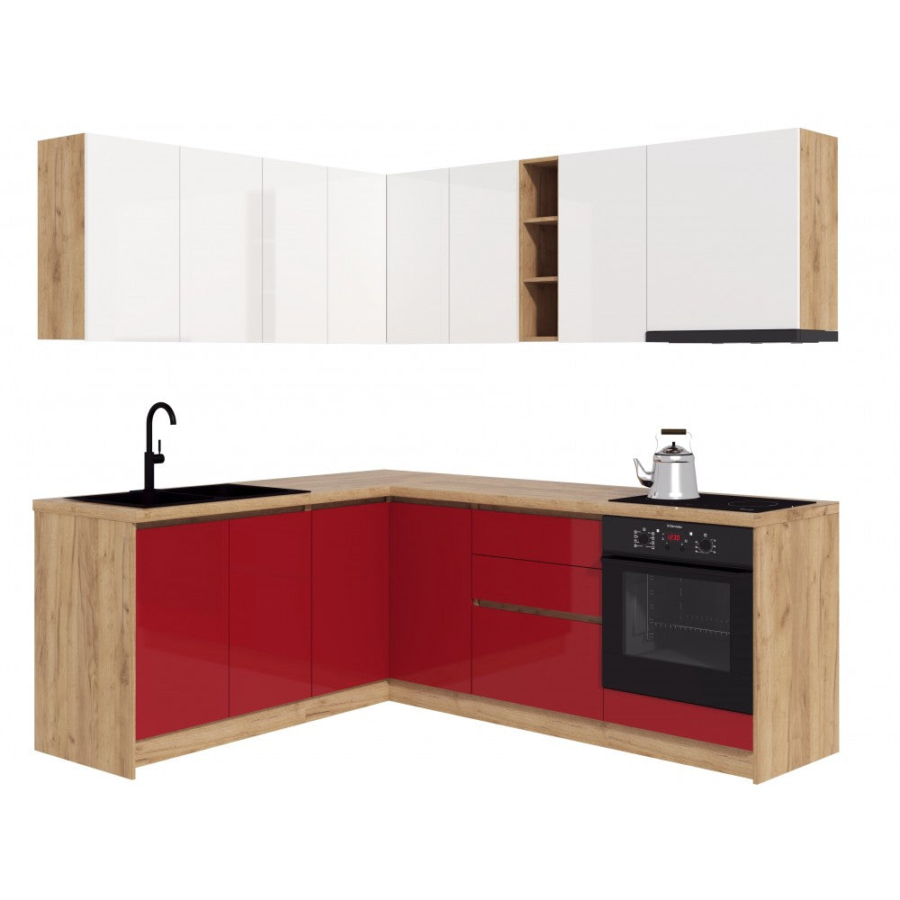 Bucatarie colt Chelsea V1, Alb+Rosu