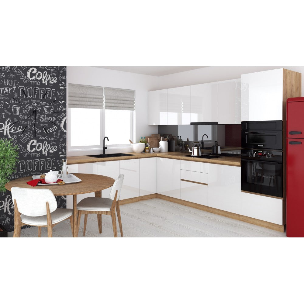 Bucatarie colt Chelsea V2, 221/300x60x200 cm, Alb/Stejar K003