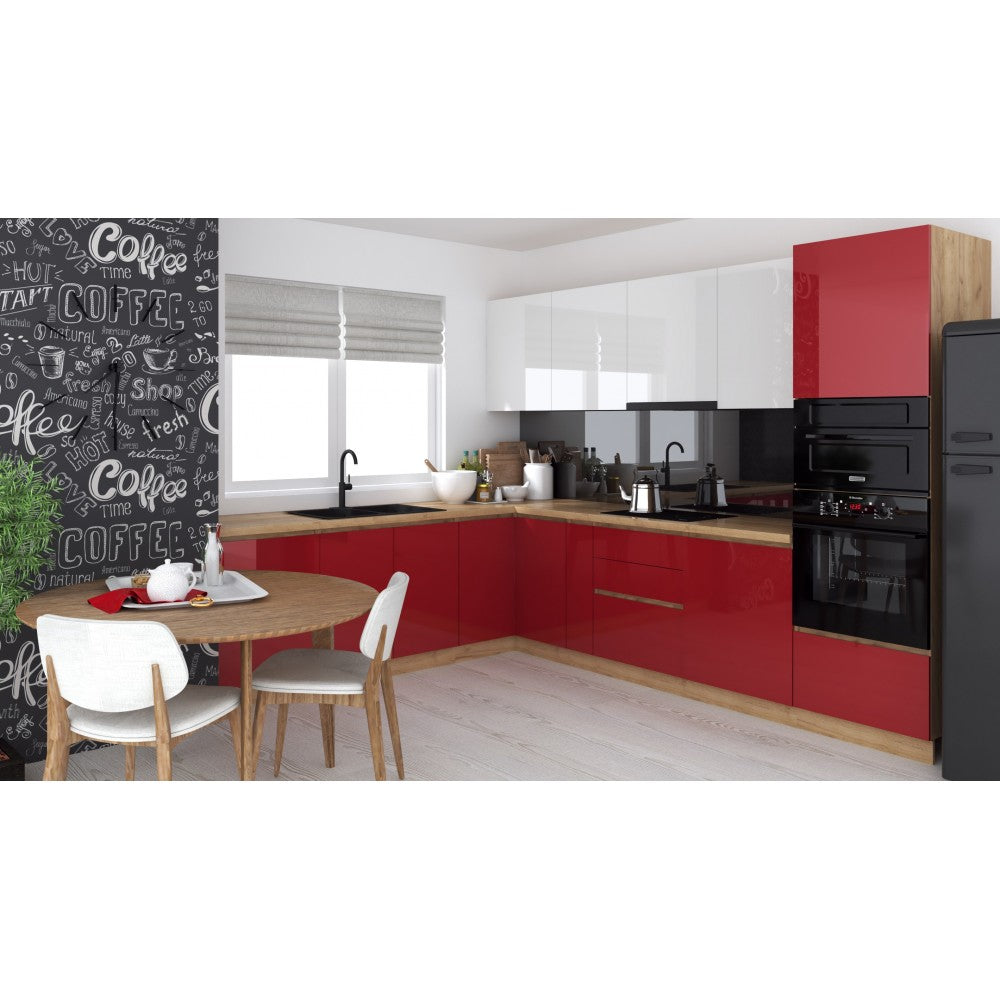 Bucatarie colt Chelsea V2, 221/300x60x200 cm, Alb/Rosu /Stejar K003