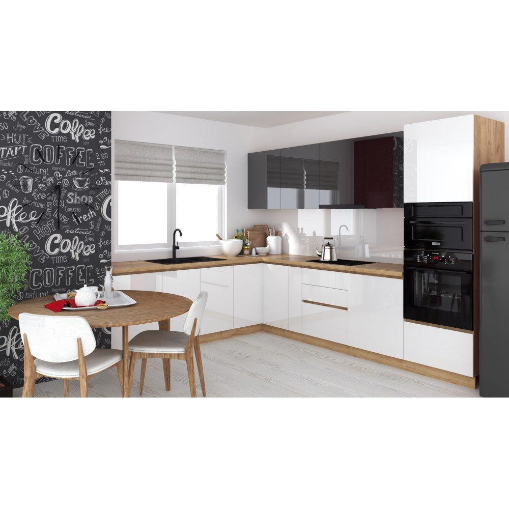 Bucatarie colt Chelsea V2 ,221/300x60x200 cm, Gri antracit , Alb /Stejar K003