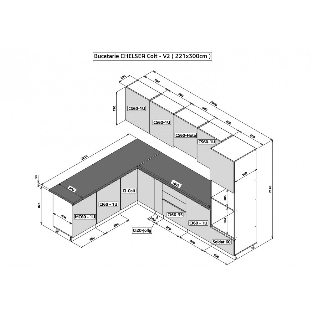 Bucatarie colt Chelsea V2 ,221/300x60x200 cm, Gri antracit , Alb /Stejar K003
