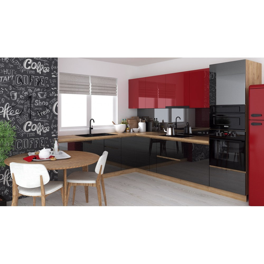 Bucatarie colt Chelsea V2, 221/300x60x200 cm, Rosu, Antracit /Stejar K003