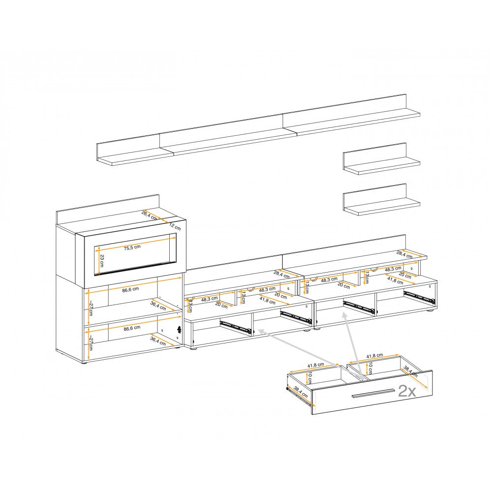Living Camino alb lucios + nergu lucios, 290x45x160cm