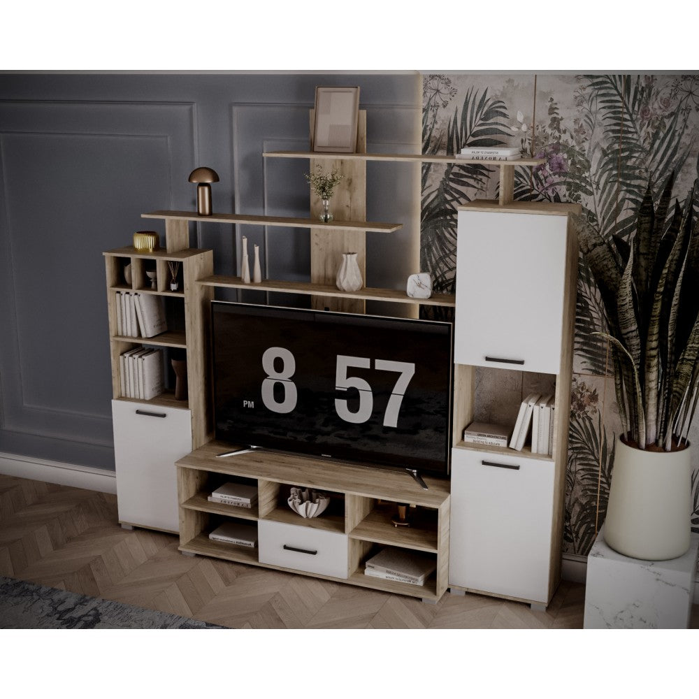 Set living Geo , 247x45x210 cm, stejar k002 /acril alb