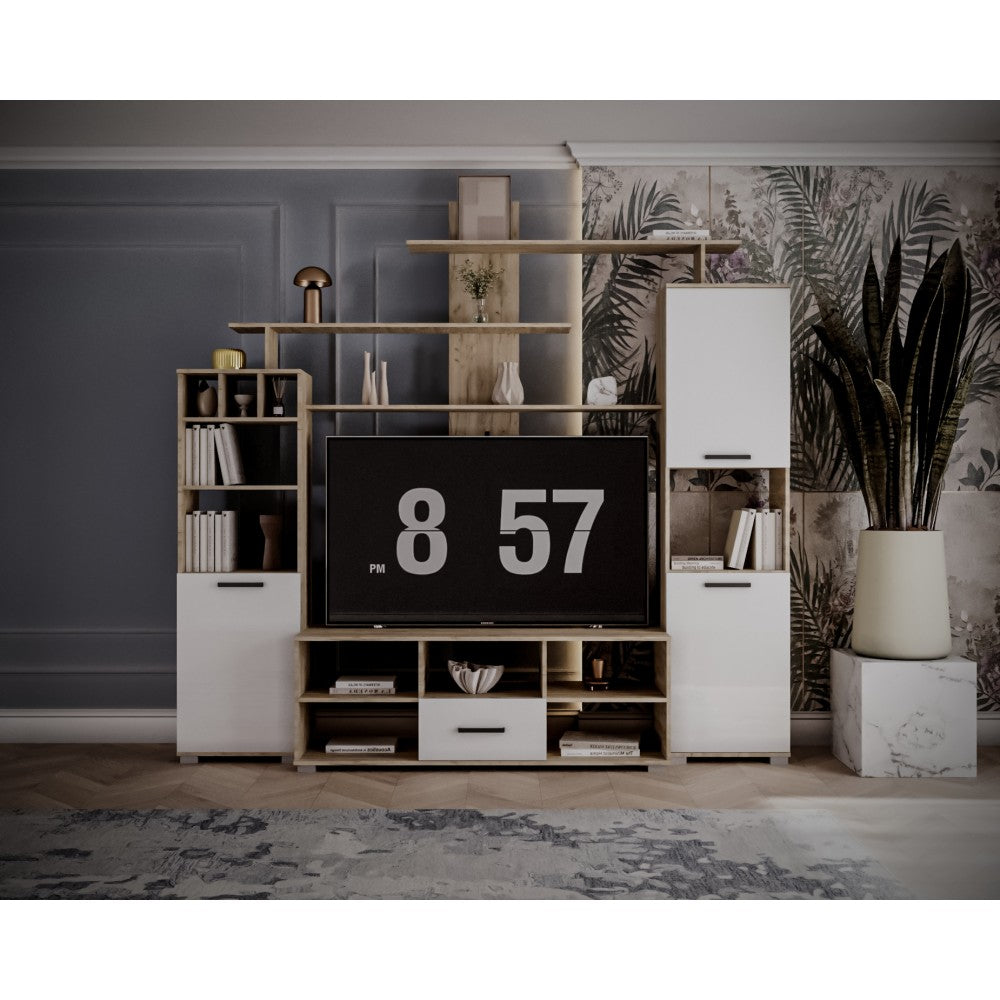 Set living Geo , 247x45x210 cm, stejar k002 /acril alb