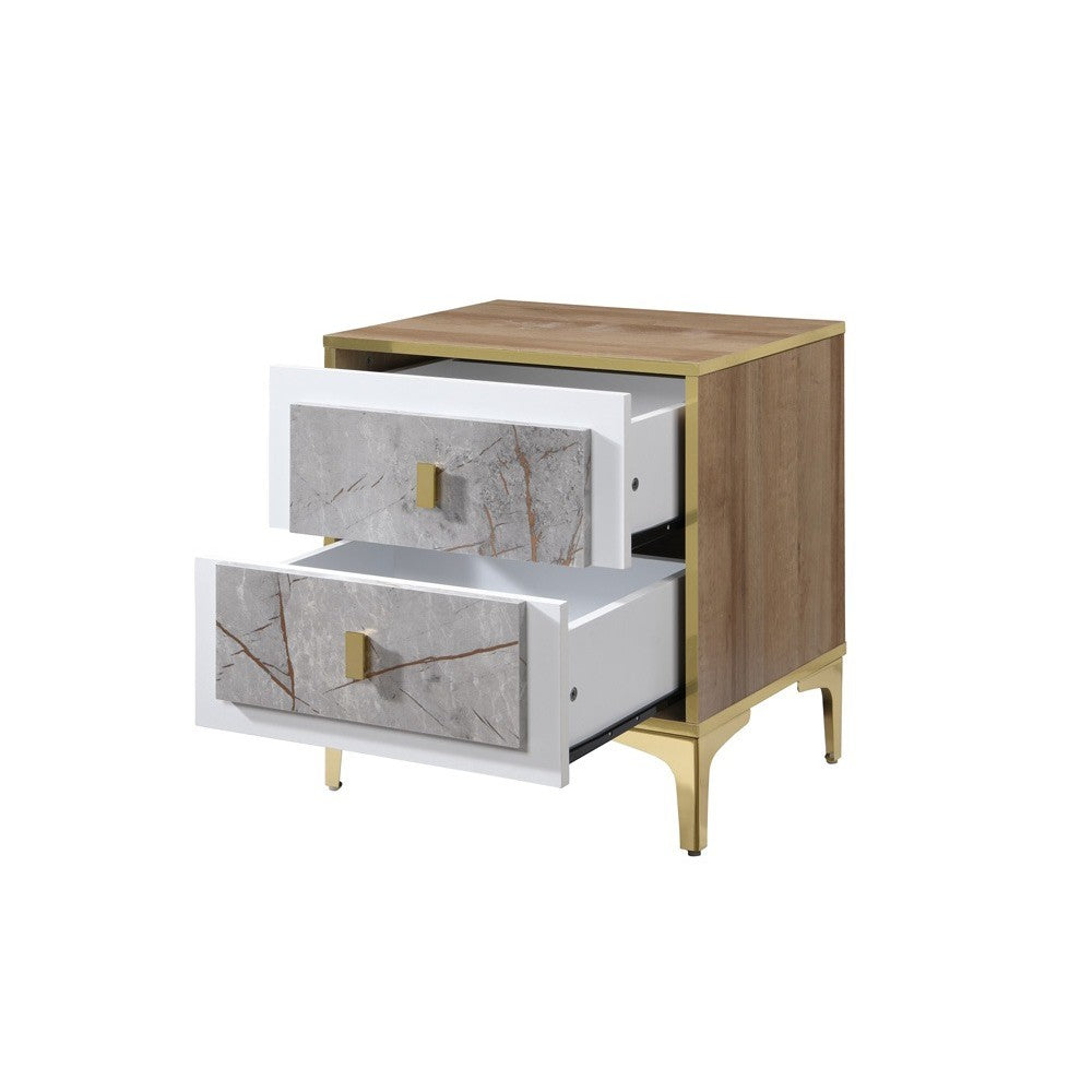 Noptiera Nero cu 2 sertare, culoare Marmura + Aur, 50x41x57cm