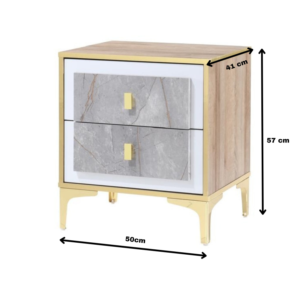 Noptiera Nero cu 2 sertare, culoare Marmura + Aur, 50x41x57cm