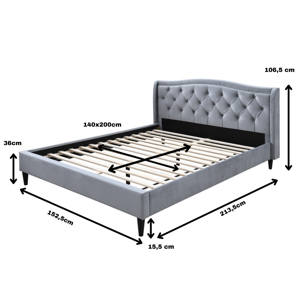 Pat tapitat Chelsea cadru din lemn cu somiera fixa Gri 140x200
