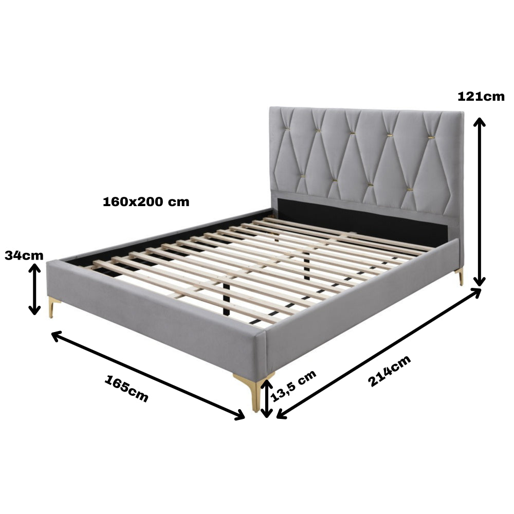 Pat tapitat Mervine, 160x200, cadru din lemn cu somiera fixa, culoare Gri