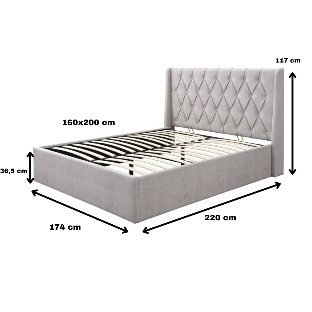 Pat tapitat Prestige 1, 160x200, cu somiera metalica rabatabila si spatiu de depozitare, culoare Crem