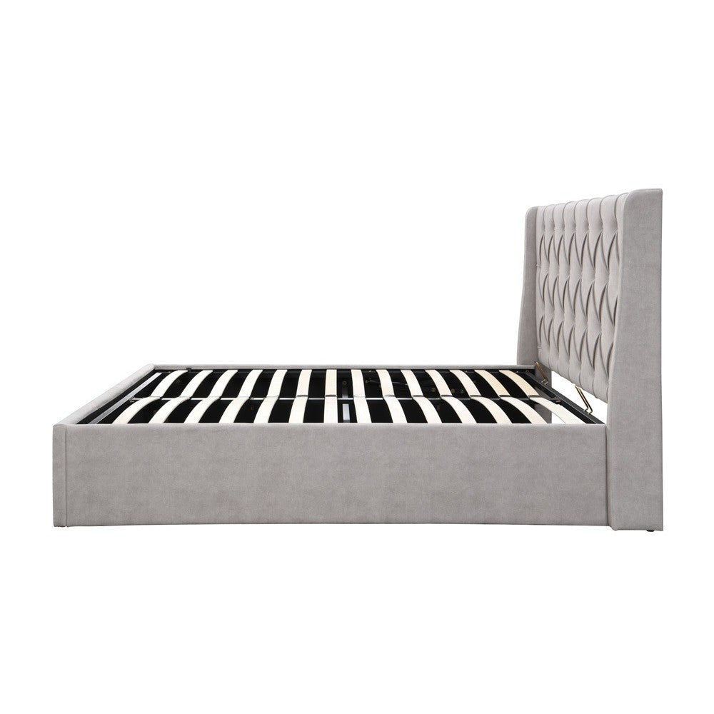 Pat tapitat Prestige 1, 160x200, cu somiera metalica rabatabila si spatiu de depozitare, culoare Crem