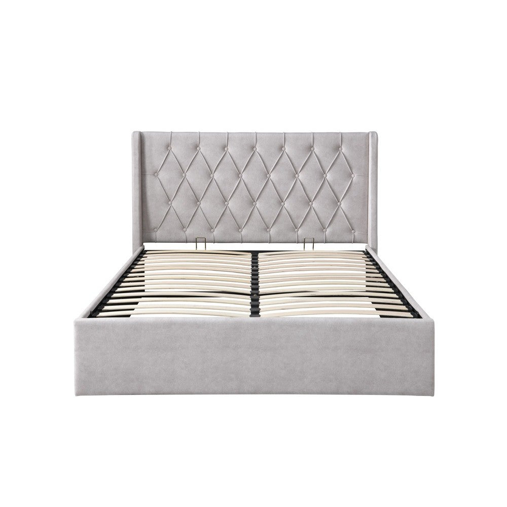 Pat tapitat Prestige 1, 160x200, cu somiera metalica rabatabila si spatiu de depozitare, culoare Crem