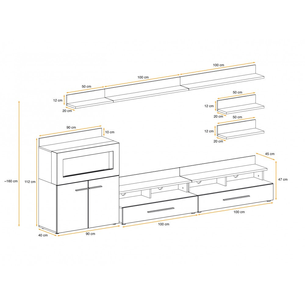 Living Camino alb lucios + nergu lucios, 290x45x160cm