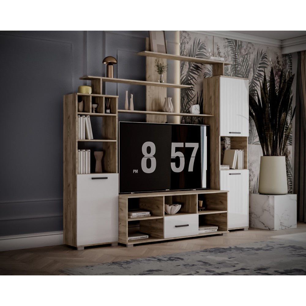 Set living Geo , 247x45x210 cm, stejar k002 /acril alb