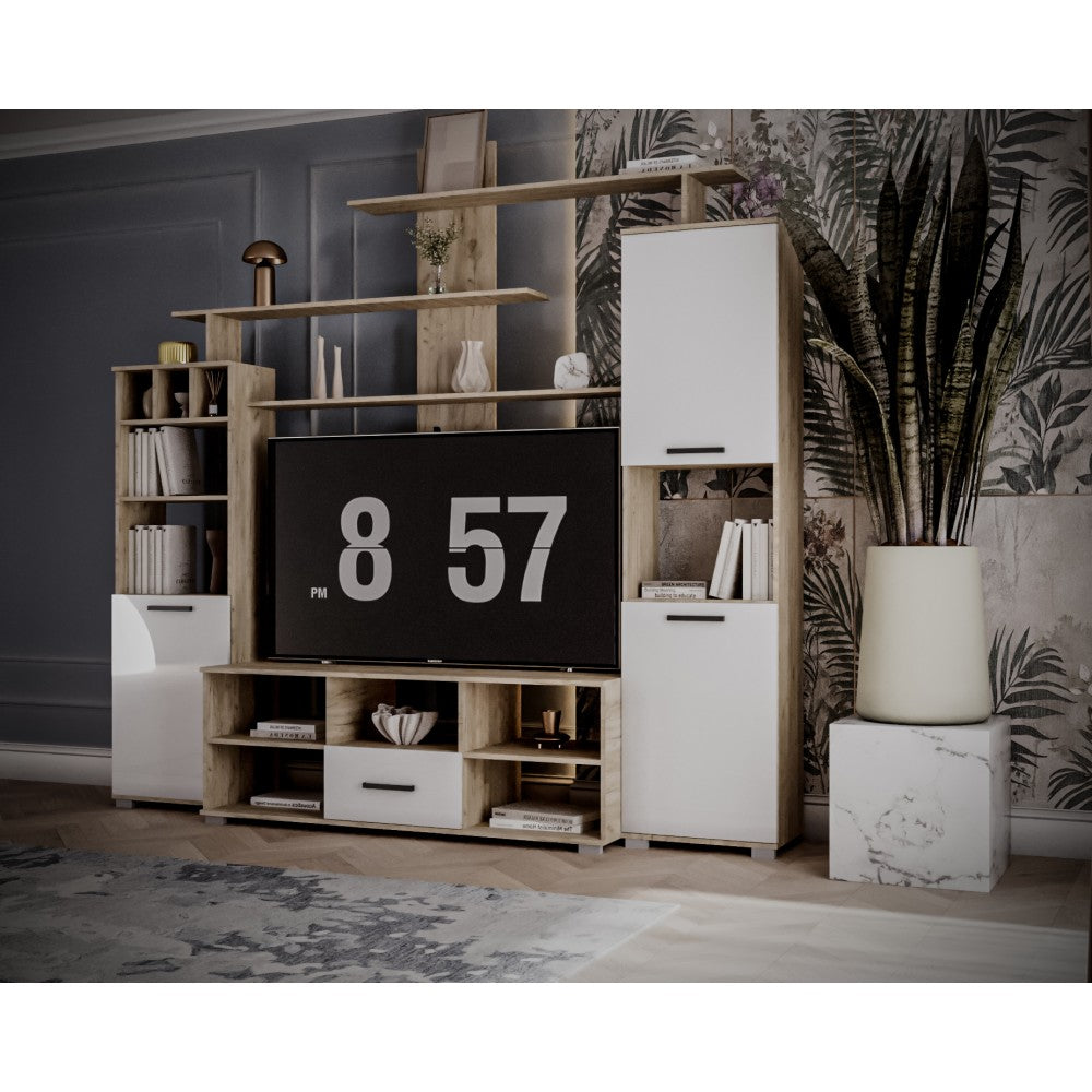 Set living Geo , 247x45x210 cm, stejar k002 /acril alb