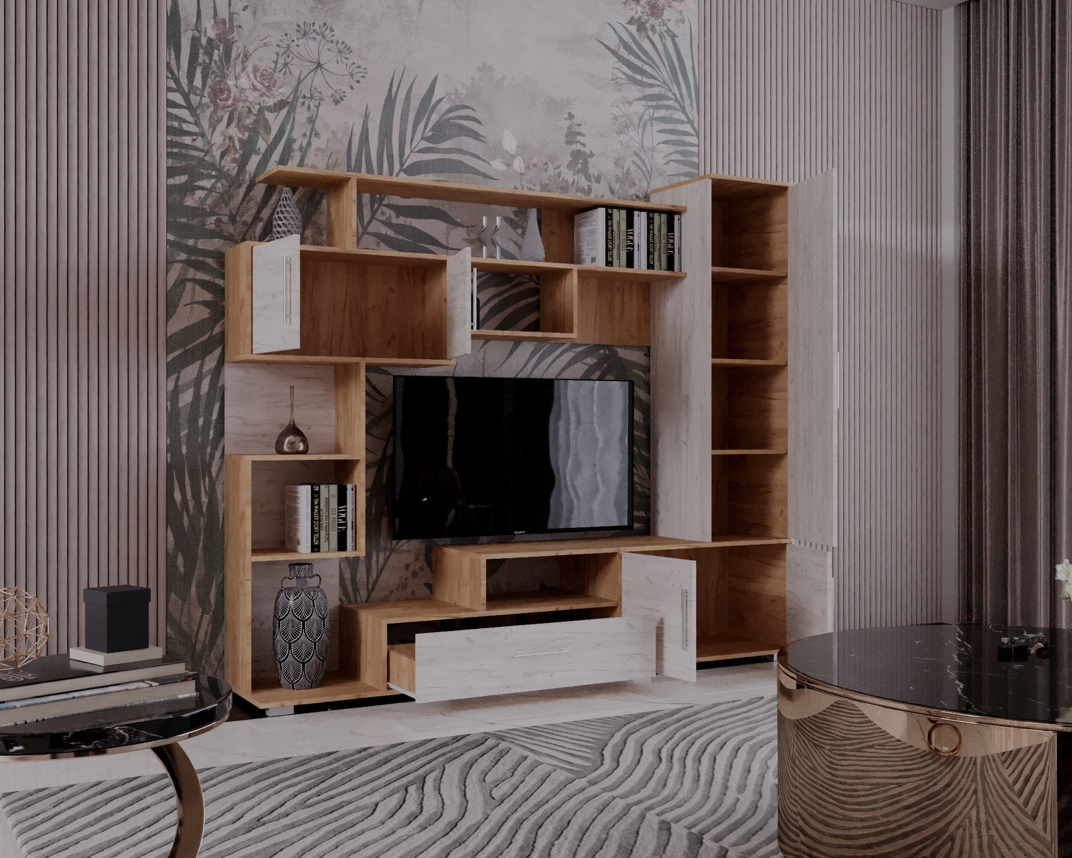 Set mobila living Pekin ro 210x40x179 cm,  k003/k001 stejar