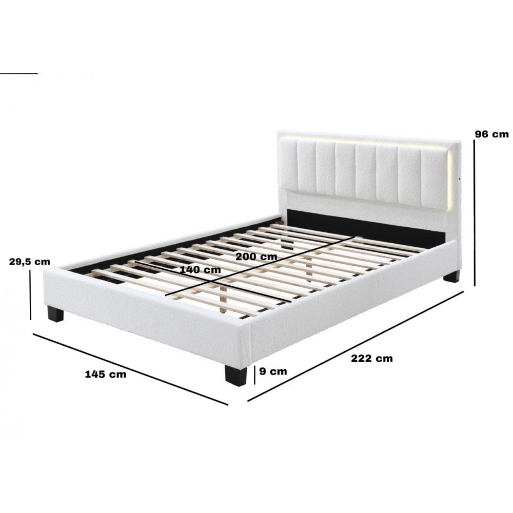 Pat tapitat Comfort 1 cu LED, 140x200, cadru din lemn cu somiera fixa, culoare Crem