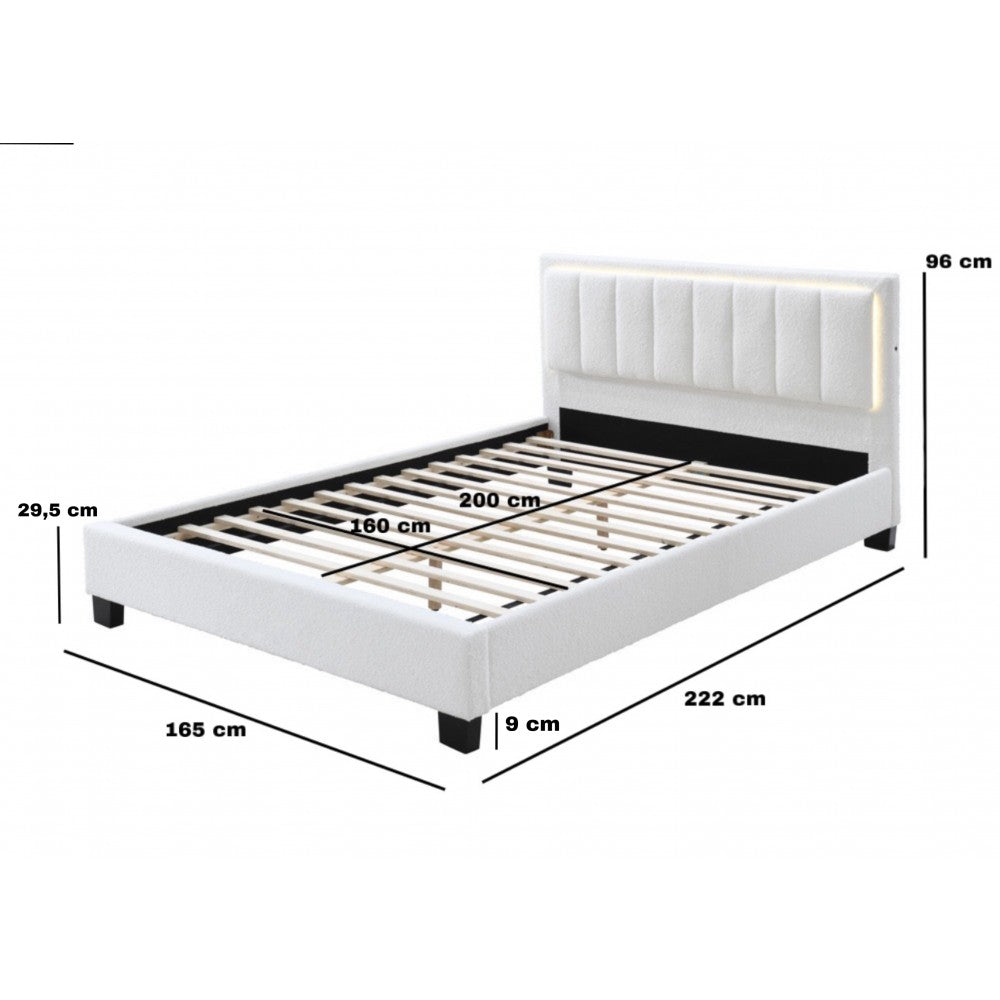 Pat tapitat Comfort 1 cu LED, 160x200, cadru din lemn cu somiera fixa, culoare Crem