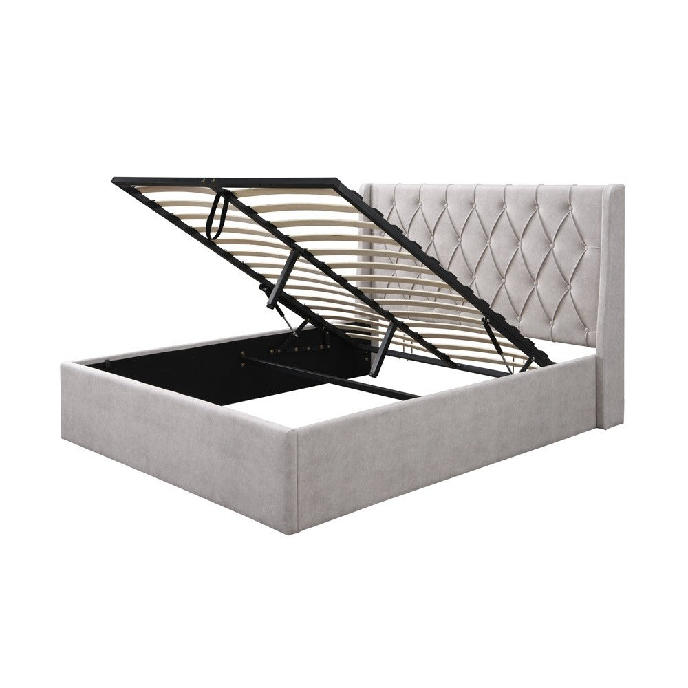 Pat tapitat Prestige 1, 160x200, cu somiera metalica rabatabila si spatiu de depozitare, culoare Crem