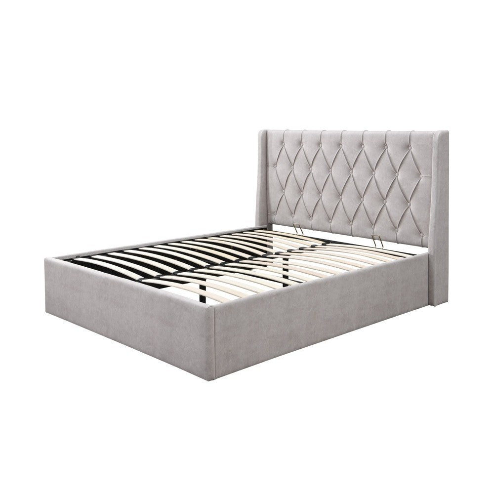 Pat tapitat Prestige 1, 160x200, cu somiera metalica rabatabila si spatiu de depozitare, culoare Crem