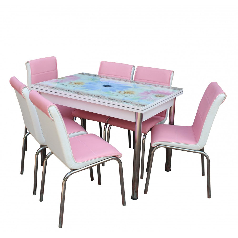 Set masa sticla 6 scaune Nr98 Pembe Mavi Cicek